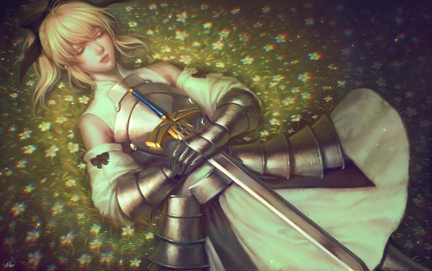 1girl armor armored_dress artoria_pendragon_(fate) black_bow bow caliburn_(fate) chromatic_aberration closed_eyes detached_sleeves fate/unlimited_codes fate_(series) flower gauntlets grass hair_bow lying naomicococo on_back saber_lily sleeping solo sword weapon