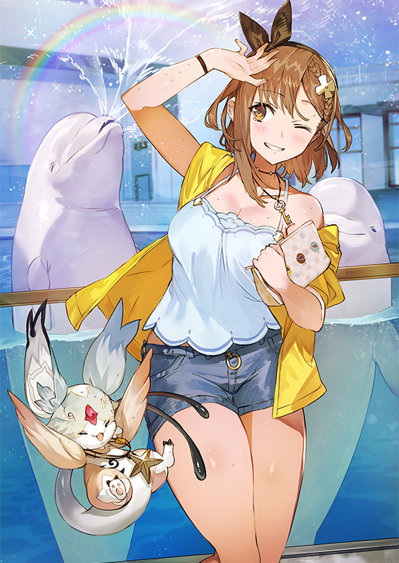aquarium atelier_(series) atelier_ryza atelier_ryza_2 bag bare_legs breasts brown_eyes brown_hair dolphin hair_ornament handbag jewelry large_breasts necklace one_eye_closed reisalin_stout ribbon short_shorts shorts sleeveless sleeveless_jacket splashing thick_thighs thighs toridamono