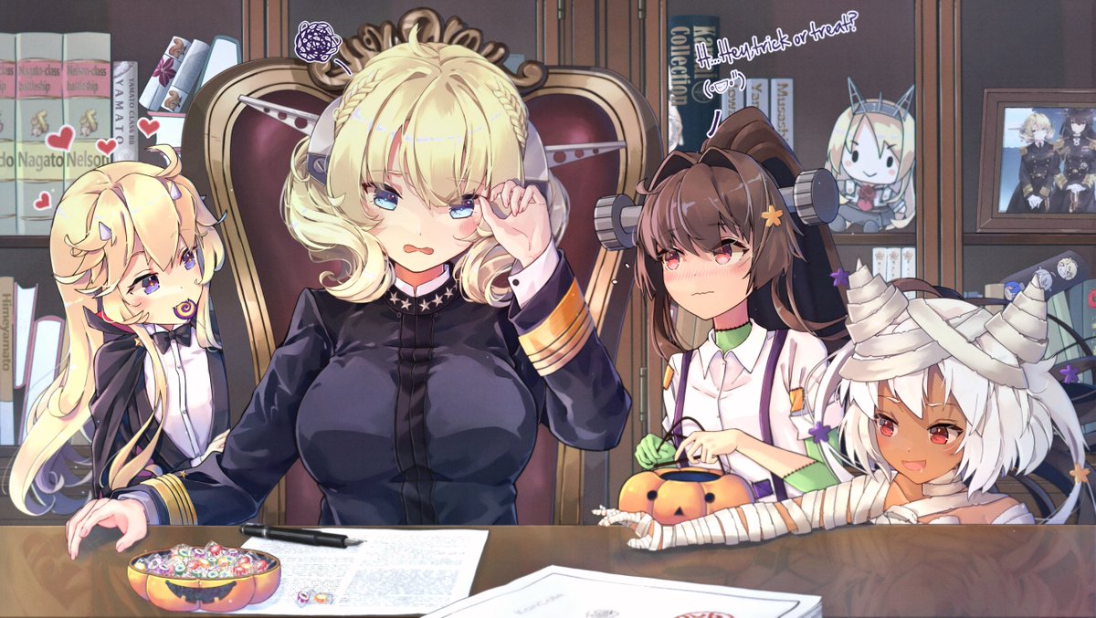 4girls alternate_costume artist_name bandaged_arm bandages black_bow black_neckwear blonde_hair blue_eyes blush bow bowtie braid brown_eyes brown_hair cape collared_shirt colorado_(kancolle) english_text eyebrows_visible_through_hair flower hair_between_eyes hair_flower hair_ornament halloween halloween_costume headgear himeyamato iowa_(kancolle) kantai_collection long_hair long_sleeves military military_uniform multiple_girls mummy_costume musashi_(kancolle) nagato_(kancolle) naval_uniform nelson_(kancolle) open_mouth paper patchwork_clothes patchwork_skin pen ponytail red_eyes shirt short_hair short_sleeves trick_or_treat two_side_up uniform vampire_costume white_hair white_shirt yamato_(kancolle)