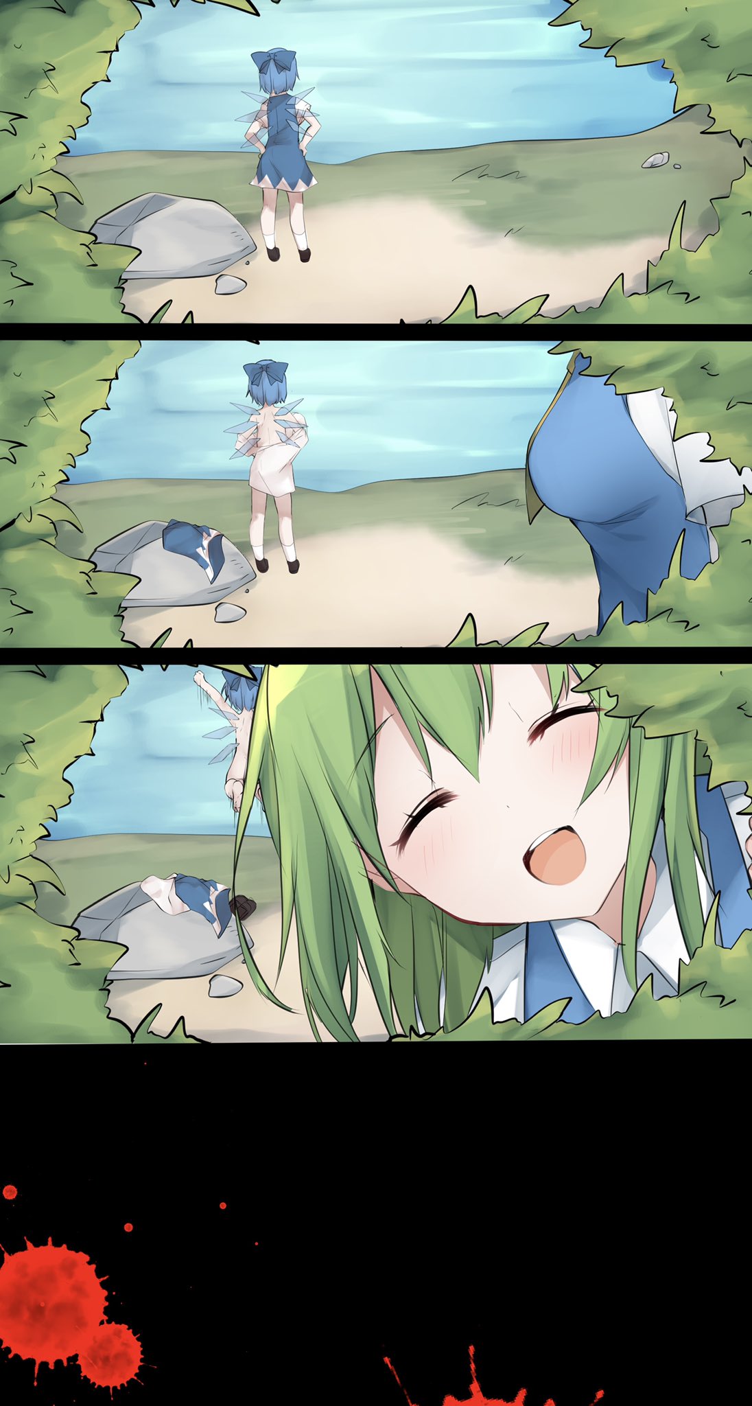 ascot blue_bow blue_dress blue_hair blush bow breasts bush cirno clothes_removed collared_dress daiyousei dress eyelashes fairy_wings false_smile green_hair hair_bow hands_on_hips highres ice ice_wings karasusou_nano lake large_breasts leaf looking_at_viewer one_side_up open_mouth pinafore_dress puffy_short_sleeves puffy_sleeves rock short_hair short_sleeves side_ponytail skirt socks standing tongue touhou white_legwear white_sleeves wing_collar wings yellow_neckwear