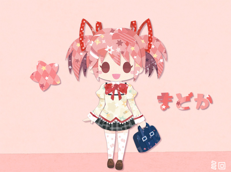 1girl abstract argyle arms_at_sides bag beige_background black_skirt blouse blush_stickers brown_footwear character_name chibi eyelashes flat_chest full_body hair_ribbon happy heart heart_print high_collar holding holding_bag juliet_sleeves kaname_madoka kikuchi_milo legs_together loafers long_sleeves looking_at_viewer mahou_shoujo_madoka_magica mitakihara_school_uniform neck_ribbon no_nose open_mouth pink_background pink_hair plaid plaid_skirt pleated_skirt puffy_sleeves red_ribbon ribbon school_bag school_uniform shadow shoes short_twintails shoulder_bag sidelocks simple_background skirt smile solid_oval_eyes solo sparkle sparkle_print standing star_(symbol) star_print starry_background stitches striped thigh-highs triangle_print twintails two-tone_background white_legwear zettai_ryouiki