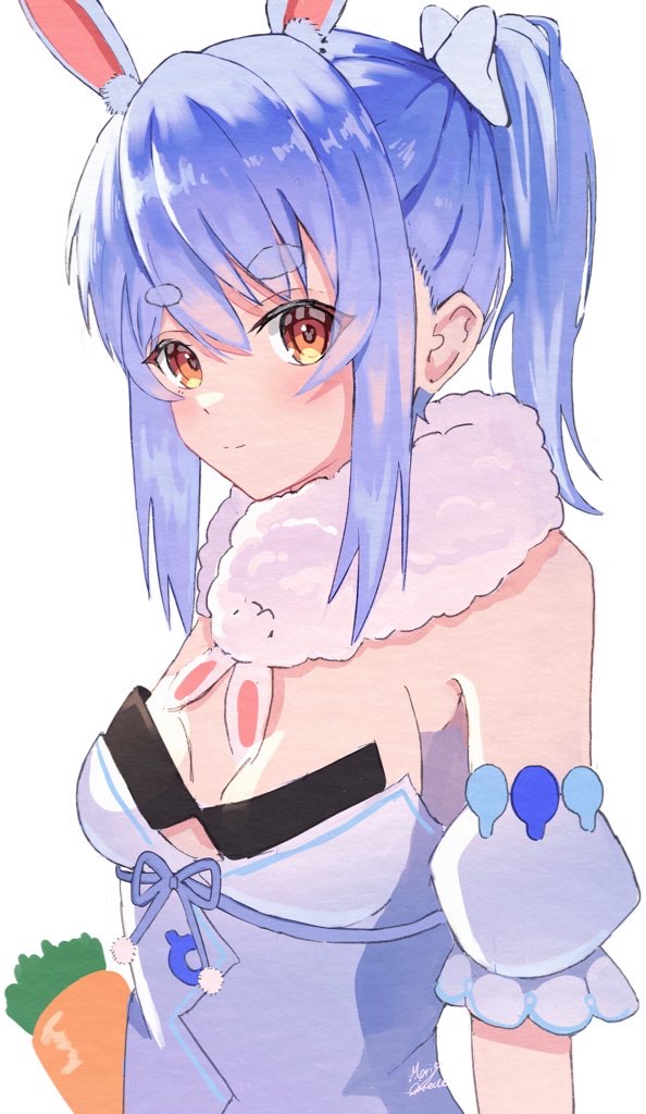 1girl animal_ear_fluff animal_ears bangs blue_hair breasts bunny-shaped_pupils carrot detached_sleeves fur_scarf hololive looking_at_viewer maria_onnette orange_eyes ponytail portrait puffy_short_sleeves puffy_sleeves rabbit_ears rabbit_girl short_sleeves sidelocks signature small_breasts solo symbol-shaped_pupils thick_eyebrows usada_pekora virtual_youtuber white_background