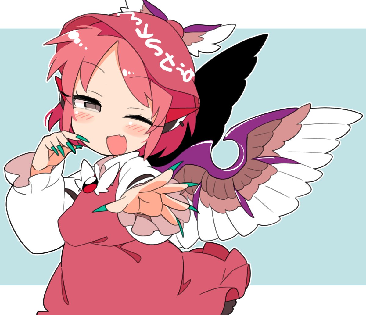 1girl ;d animal_ears bangs bird_ears bird_wings blue_background border brown_dress brown_eyes brown_headwear dress earrings eyebrows_visible_through_hair fang fingernails green_nails ini_(inunabe00) jewelry long_fingernails long_sleeves looking_at_viewer mystia_lorelei one_eye_closed open_mouth pink_hair short_hair simple_background single_earring skin_fang smile solo touhou white_border white_wings winged_hat wings