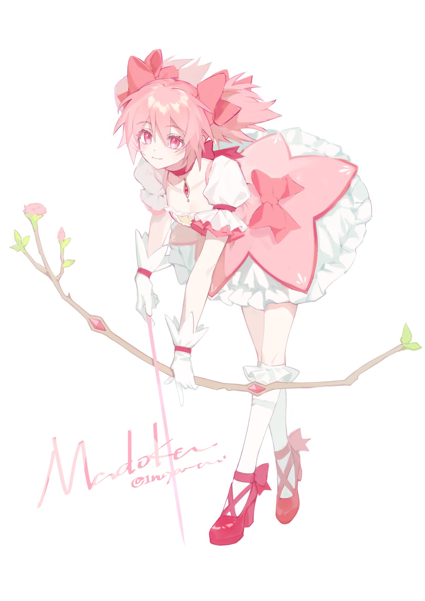 1girl bangs bow bow_(weapon) choker dress flower frilled_dress frills full_body gloves hair_bow highres inuyama_(inuhill) kaname_madoka kneehighs leaning_forward looking_at_viewer magical_girl mahou_shoujo_madoka_magica pink_bow pink_choker pink_dress pink_eyes pink_flower pink_footwear pink_hair pink_rose puffy_short_sleeves puffy_sleeves rose short_hair short_sleeves short_twintails signature simple_background smile solo soul_gem standing twintails weapon white_background white_gloves white_legwear