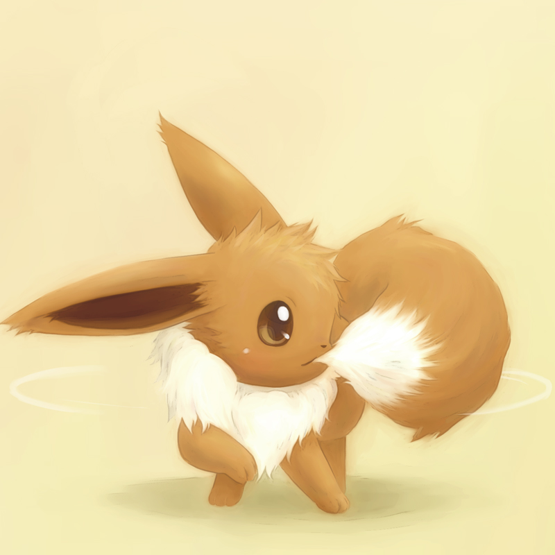 animal_focus beige_background biting blush brown_eyes brown_theme chasing closed_mouth commentary_request eevee fluffy full_body fur_collar light_blush motion_lines mouth_hold no_humans pokemon pokemon_(creature) simple_background solo standing tsuji