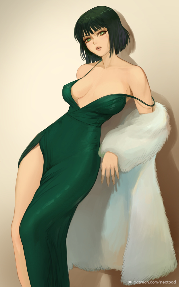 1girl alternate_costume artist_name bangs bare_shoulders blush breasts brown_background collarbone dress evening_gown feet_out_of_frame fubuki_(one-punch_man) fur_shawl gradient gradient_background green_eyes green_hair looking_at_viewer medium_breasts nextoad one-punch_man parted_lips pelvic_curtain pink_lips short_hair sleeveless sleeveless_dress solo standing strap_slip watermark web_address
