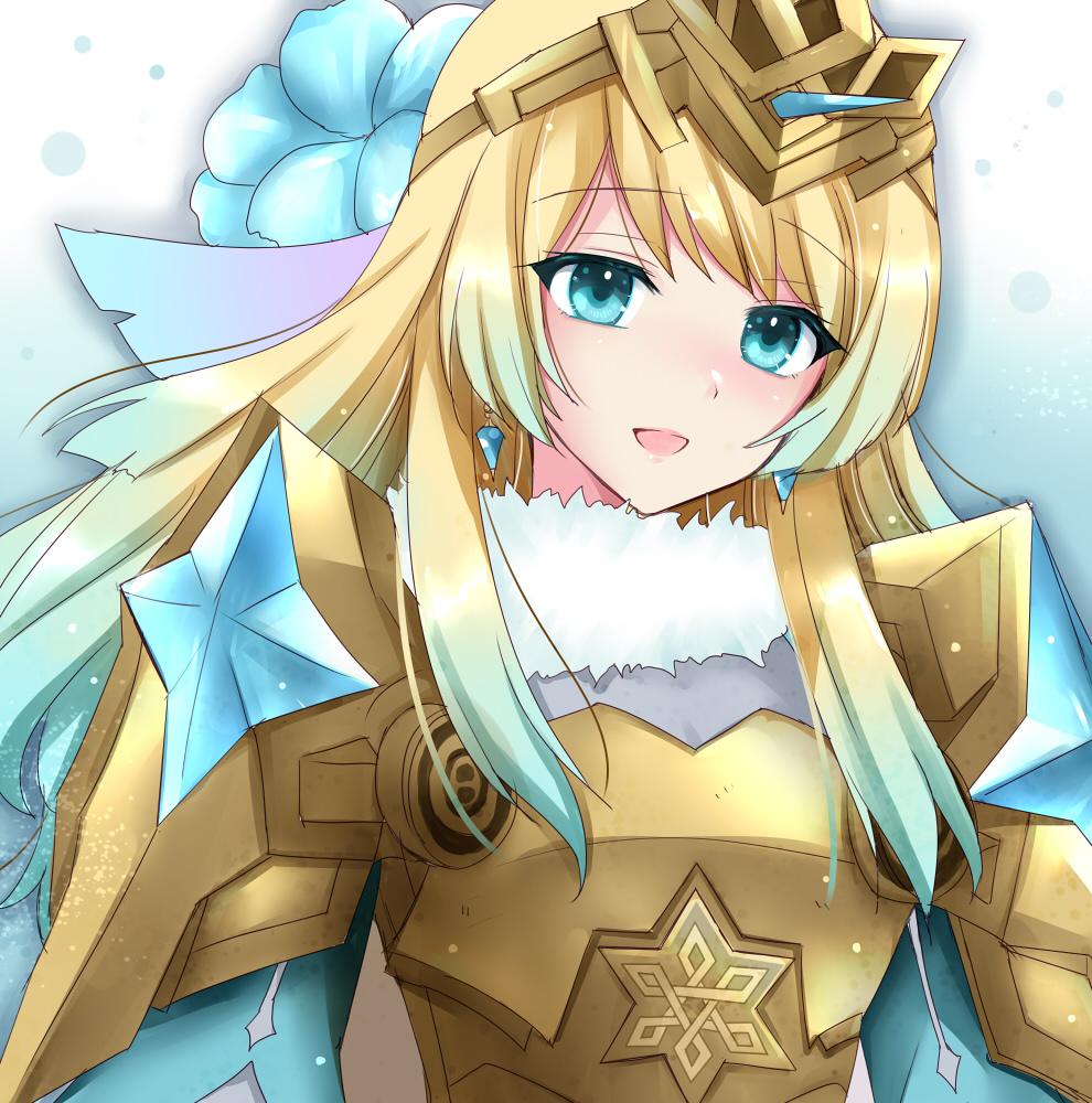 1girl armor bangs blonde_hair blue_dress blue_eyes blue_flower blue_hair breastplate commentary cute dress earrings eyebrows_visible_through_hair fire_emblem fire_emblem_heroes fjorm_(fire_emblem) flower fur_collar fur_trim gradient_hair hair_between_eyes hair_flower hair_ornament intelligent_systems jewelry kirishima_riona long_hair long_sleeves looking_at_viewer multicolored_hair nintendo open_mouth shoulder_armor sidelocks smile solo super_smash_bros. tiara tongue two-tone_hair upper_body very_long_hair