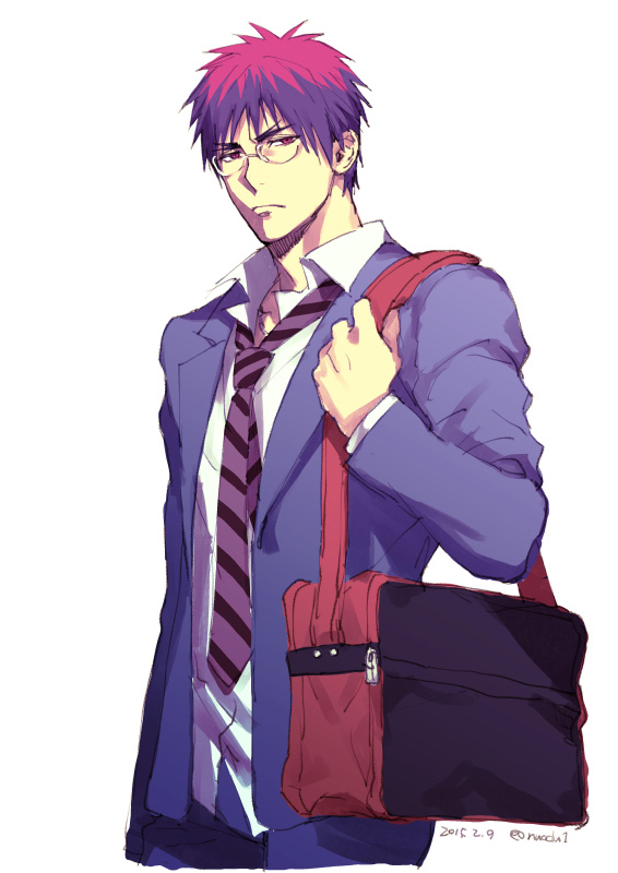 1boy alternate_costume bag blue_jacket closed_mouth commentary_request glasses jacket kagami_taiga kuroko_no_basuke long_sleeves looking_at_viewer male_focus necktie red_eyes redhead school_uniform shirt short_hair shoulder_bag solo torisu white_shirt