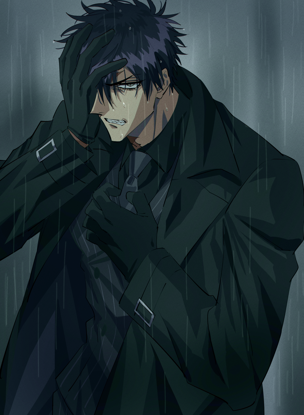 1boy black_coat black_gloves black_hair black_shirt black_vest clenched_teeth coat gloves grey_background hand_over_eye highres long_sleeves male_focus necktie original outdoors rain shirt short_hair solo standing teeth tenten_raisaka vest wet