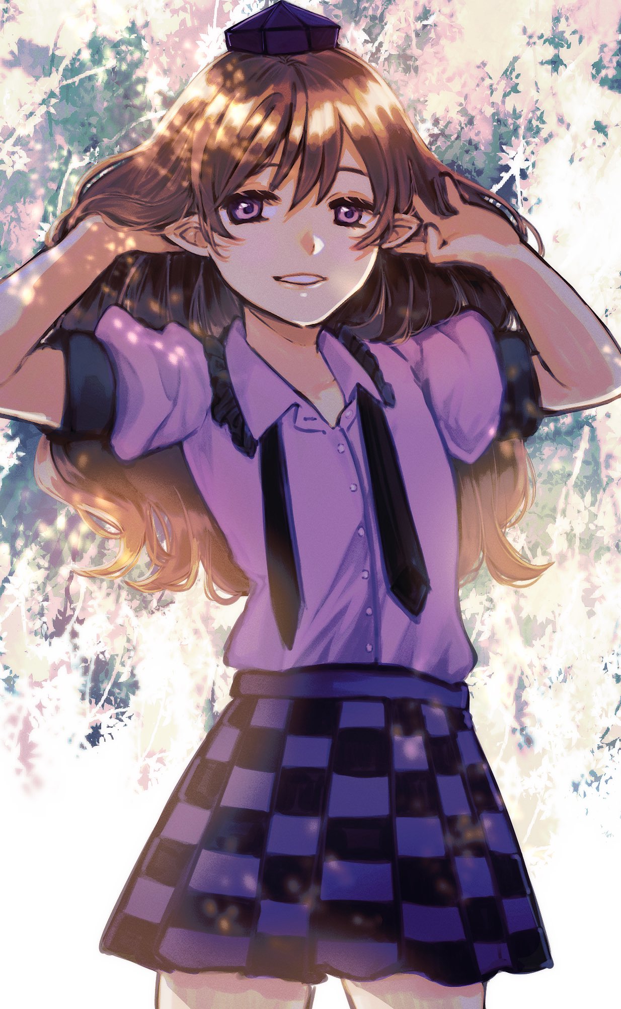 1girl alternate_hairstyle ark_tr backlighting bangs brown_hair checkered checkered_skirt collarbone commentary_request cowboy_shot eyebrows_behind_hair flat_chest frilled_shirt_collar frills hair_between_eyes hands_in_hair hands_up hat highres himekaidou_hatate light_smile long_hair looking_at_viewer parted_lips pointy_ears puffy_short_sleeves puffy_sleeves purple_headwear purple_shirt purple_skirt shiny shiny_hair shirt short_sleeves simple_background skirt solo standing tareme tokin_hat touhou undone_neckwear upper_body very_long_hair violet_eyes wing_collar