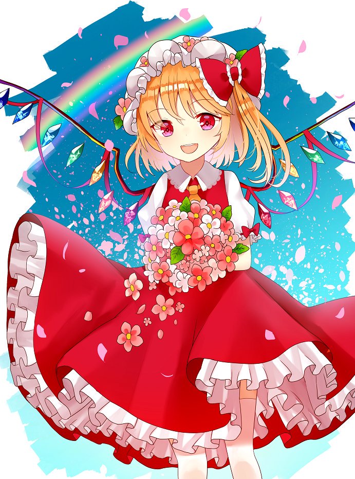 1girl ascot bangs blonde_hair blue_sky blush bouquet breasts collar collared_shirt cropped_legs crystal eyebrows_visible_through_hair eyes_visible_through_hair fang feet_out_of_frame flandre_scarlet hair_between_eyes holding holding_bouquet jewelry looking_at_viewer medium_breasts open_mouth petals ponytail puffy_short_sleeves puffy_sleeves rainbow red_eyes red_nails red_skirt red_vest sakizaki_saki-p shirt short_hair short_sleeves skirt sky smile solo standing thighs tongue touhou vest white_background white_shirt white_sleeves wings wrist_cuffs yellow_neckwear