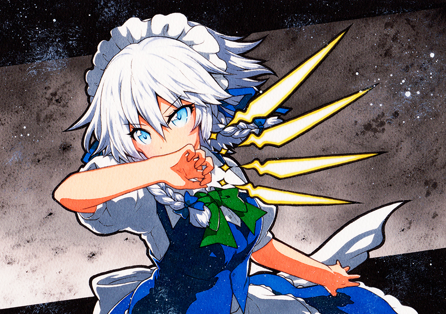 1girl apron blue_eyes blue_skirt blue_vest bow bowtie braid covering_mouth eyebrows_visible_through_hair frilled_skirt frills green_neckwear hair_between_eyes izayoi_sakuya knife looking_at_viewer maid maid_headdress puffy_short_sleeves puffy_sleeves qqqrinkappp shirt short_hair short_sleeves silver_hair skirt skirt_set solo touhou traditional_media twin_braids v-shaped_eyebrows vest waist_apron white_shirt