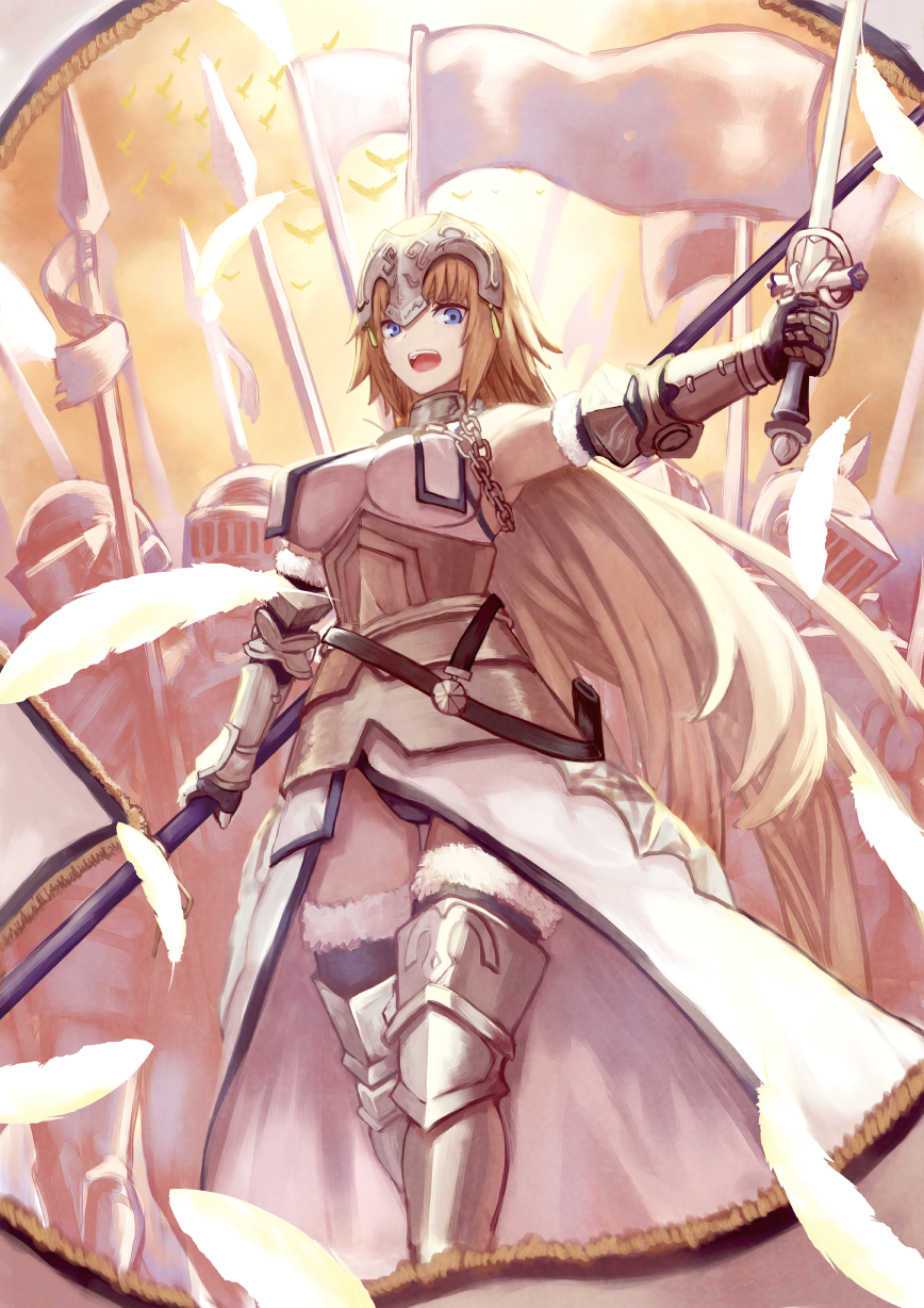 1girl armor armpits bare_shoulders bird blonde_hair blue_eyes breasts chain commentary_request fate/apocrypha fate_(series) feathers feet_out_of_frame flag gauntlets highres holding holding_sword holding_weapon janoukyo19 jeanne_d'arc_(fate) jeanne_d'arc_(fate/apocrypha) large_breasts leg_armor long_hair looking_at_viewer open_mouth panties polearm scabbard sheath spear sword teeth thigh-highs tongue underwear very_long_hair weapon