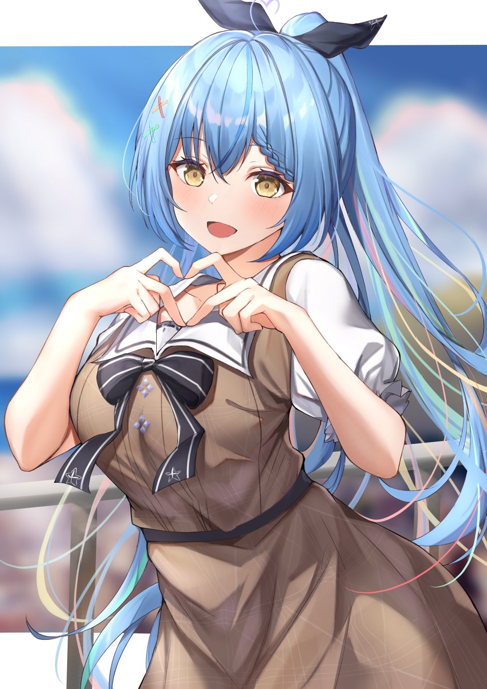 1girl :d bangs black_bow blue_hair blush bow breasts brown_dress commentary cowboy_shot dress eyebrows_visible_through_hair green_hair hair_between_eyes hair_bow hair_ornament hands_up heart heart_hands highres hololive large_breasts letterboxed long_hair looking_at_viewer menmen_(ijnwfpaihpufxox) multicolored_hair open_mouth pink_hair ponytail puffy_short_sleeves puffy_sleeves short_sleeves smile solo standing streaked_hair symbol-only_commentary very_long_hair virtual_youtuber x_hair_ornament yellow_eyes yukihana_lamy