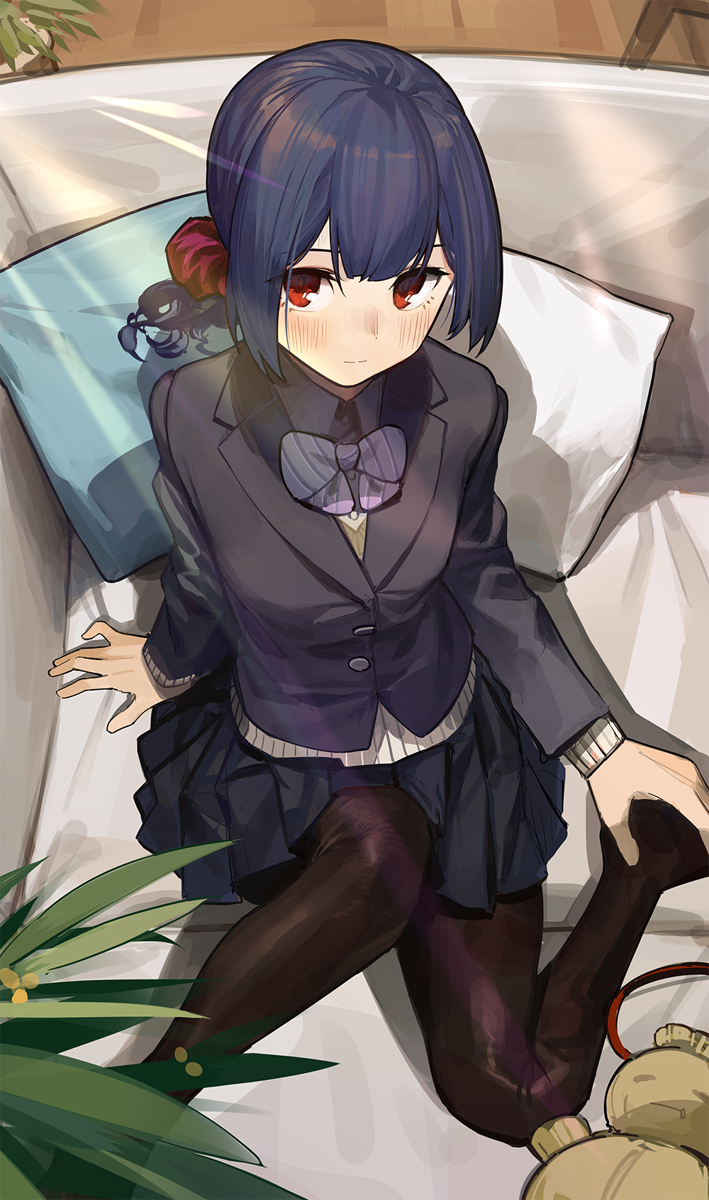1girl bangs black_hair blush closed_mouth couch eyebrows_visible_through_hair from_above hair_between_eyes highres idolmaster idolmaster_shiny_colors long_hair long_sleeves looking_at_viewer morino_rinze pantyhose pillow pleated_skirt red_eyes sitting skirt solo zhili_xingzou