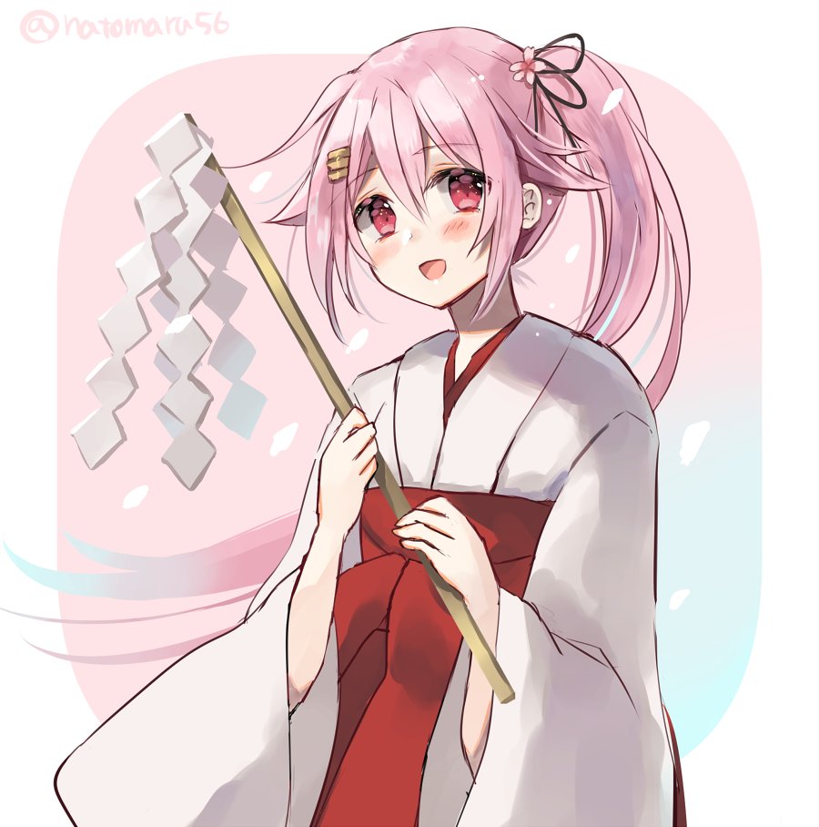 1girl alternate_costume bangs blush eyebrows_visible_through_hair gohei hair_ornament hairclip hakama harusame_(kancolle) hatomaru_(hatomaru56) japanese_clothes kantai_collection long_hair miko one-hour_drawing_challenge open_mouth pink_hair ponytail red_eyes red_hakama shide side_ponytail sidelocks simple_background solo twitter_username upper_body wide_sleeves