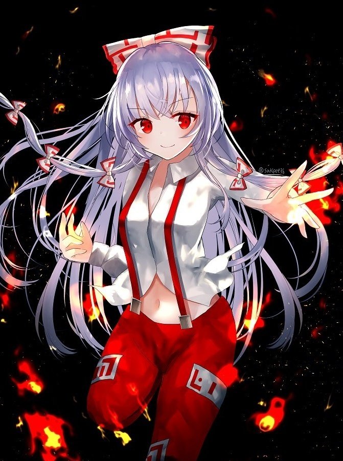 1girl bangs black_background bow breasts collared_shirt commentary_request eyebrows_visible_through_hair fire flaming_hand folded_leg fujiwara_no_mokou hair_bow long_hair long_sleeves looking_at_viewer medium_breasts navel ofuda ofuda_on_clothes pants pyrokinesis red_pants sakizaki_saki-p shirt sidelocks silver_hair simple_background smile solo standing standing_on_one_leg stomach suspenders touhou twitter_username white_background wing_collar wrist_cuffs