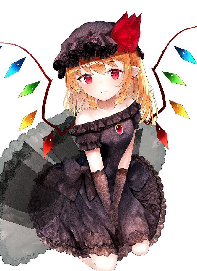 1girl alternate_costume bangs between_legs black_bow black_dress black_gloves black_headwear blush bow brooch commentary_request crystal dress dress_bow earrings elbow_gloves eyebrows_visible_through_hair flandre_scarlet floral_print gloves hand_between_legs hat hat_ribbon jewelry lace_trim looking_at_viewer mob_cap off-shoulder_dress off_shoulder pointy_ears red_ribbon ribbon rose_print ruby_(gemstone) sakizaki_saki-p seiza side_ponytail simple_background sitting solo touhou vampire white_background wings