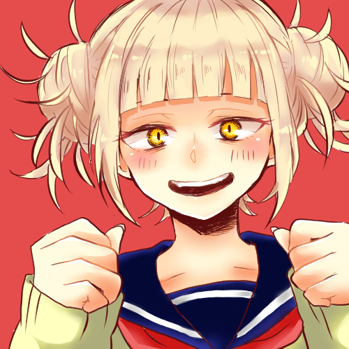 1girl bangs blonde_hair blue_sailor_collar blunt_bangs blush boku_no_hero_academia cardigan clenched_hands close-up commentary double_bun hair_up lowres messy_hair neckerchief neku34524 open_mouth portrait red_background red_neckwear sailor_collar sidelocks simple_background slit_pupils smile solo teeth toga_himiko upper_teeth yellow_cardigan yellow_eyes