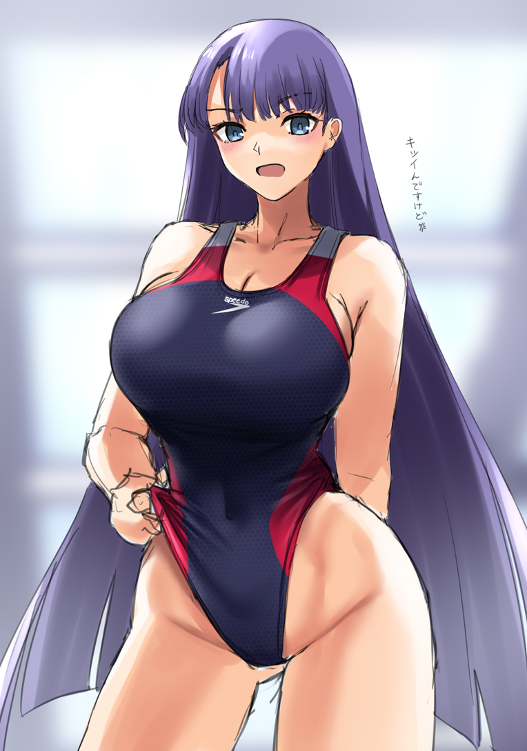 1girl black_swimsuit blue_eyes breasts clothes_pull collarbone competition_swimsuit contrapposto cowboy_shot eyebrows_visible_through_hair fate/grand_order fate_(series) gachou highleg highleg_swimsuit hime_cut large_breasts long_hair looking_at_viewer martha_(fate) one-piece_swimsuit purple_hair solo speedo_(company) standing straight_hair swimsuit swimsuit_pull translation_request