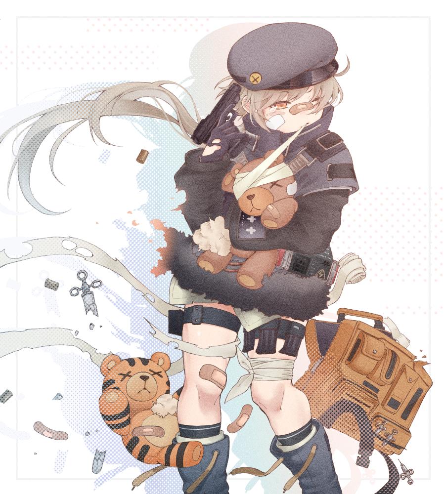 1girl aqua_hair bandaged_leg bandages beret black_gloves black_headwear black_jacket blue_footwear boots closed_mouth eyebrows_visible_through_hair feet_out_of_frame girls_frontline gloves gun handgun hat holding holding_gun holding_weapon hs2000 hs2000_(girls'_frontline) hug jacket long_hair looking_away one_eye_closed patch rabb_horn red_eyes simple_background solo standing teardrop toy weapon