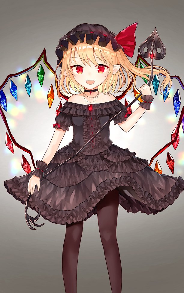 1girl :d alternate_costume bangs black_bow black_choker black_dress black_headwear black_legwear blush bow brooch choker commentary_request crystal dress dress_bow earrings eyebrows_visible_through_hair fangs feet_out_of_frame flandre_scarlet floral_print gloves gradient gradient_background grey_background hat hat_ribbon jewelry laevatein_(touhou) looking_at_viewer mob_cap necklace off-shoulder_dress off_shoulder open_mouth pointy_ears red_ribbon ribbon rose_print ruby_(gemstone) sakizaki_saki-p side_ponytail simple_background sitting smile solo standing thigh-highs touhou vampire white_background wings wrist_cuffs