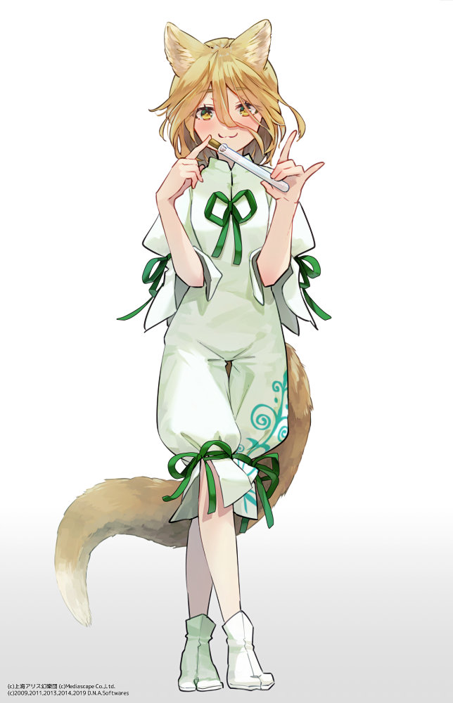 1girl :3 animal_ears bangs blonde_hair blush bobby_socks bow cork eyebrows_visible_through_hair eyes_visible_through_hair fox_ears fox_tail gradient gradient_background green_bow green_neckwear grey_background hair_between_eyes hand_up jumpsuit kudamaki_tsukasa looking_at_viewer open_mouth short_hair short_sleeves smile socks solo standing syuri22 tail test_tube touhou transparent_background white_jumpsuit white_legwear white_sleeves yellow_eyes