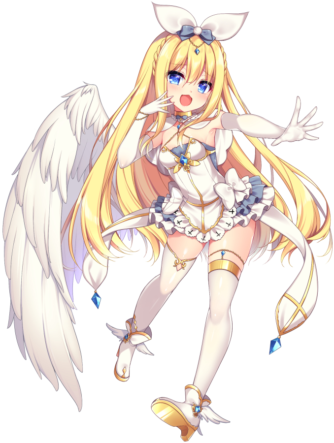 1girl abnormal_imagination bangs bare_shoulders blonde_hair blue_eyes boots bow braid commentary_request commission dress elbow_gloves eyebrows_visible_through_hair feathered_wings full_body gloves hair_between_eyes hair_ribbon long_hair outstretched_arm ribbon ringo_sui shoe_soles simple_background single_wing solo thigh-highs thighhighs_under_boots very_long_hair white_background white_bow white_dress white_footwear white_gloves white_legwear white_ribbon white_wings wings