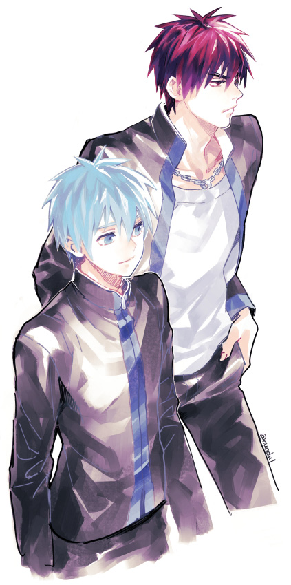 2boys closed_mouth commentary_request frown hand_in_pocket height_difference kagami_taiga kuroko_no_basuke kuroko_tetsuya light_blue_eyes light_blue_hair long_sleeves looking_to_the_side multiple_boys necktie open_clothes pants red_eyes redhead school_uniform shirt smile torisu white_shirt