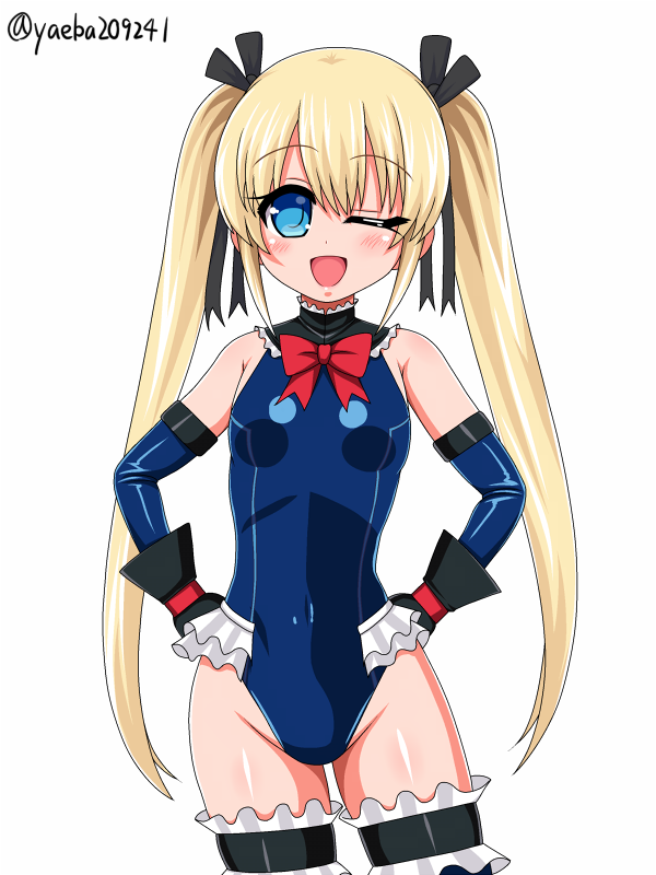 1girl black_ribbon blonde_hair blue_eyes blue_leotard breasts dead_or_alive dead_or_alive_5 frilled_leotard frills garters hair_ornament hair_ribbon hands_on_hips leotard looking_at_viewer marie_rose one_eye_closed ribbon simple_background small_breasts smile solo standing twintails twitter_username white_background x_hair_ornament yaeba