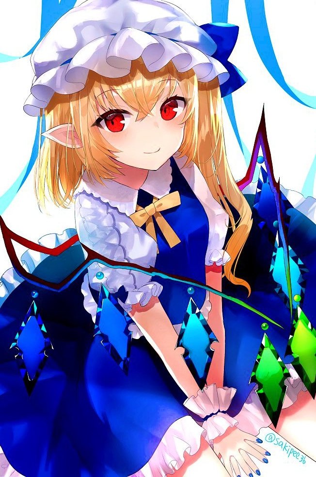 1girl alternate_color bangs blue_nails blue_ribbon blue_skirt blue_vest blush bow breasts collared_shirt commentary_request crystal eyebrows_visible_through_hair flandre_scarlet frilled_skirt frills hands_on_ground hat hat_ribbon looking_at_viewer mob_cap nail_polish pointy_ears puffy_short_sleeves puffy_sleeves red_eyes ribbon sakizaki_saki-p shirt short_sleeves side_ponytail simple_background sitting skirt small_breasts smile solo touhou twitter_username vampire vest white_background white_headwear wing_collar wings wrist_cuffs yellow_neckwear yellow_ribbon