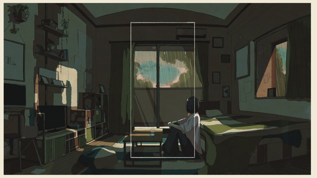 1girl bed blue_sky book bookshelf brown_hair cup curtains indoors knees_up legs_together looking_away mono_(2_onom) original short_hair sitting sky solo table television tree window
