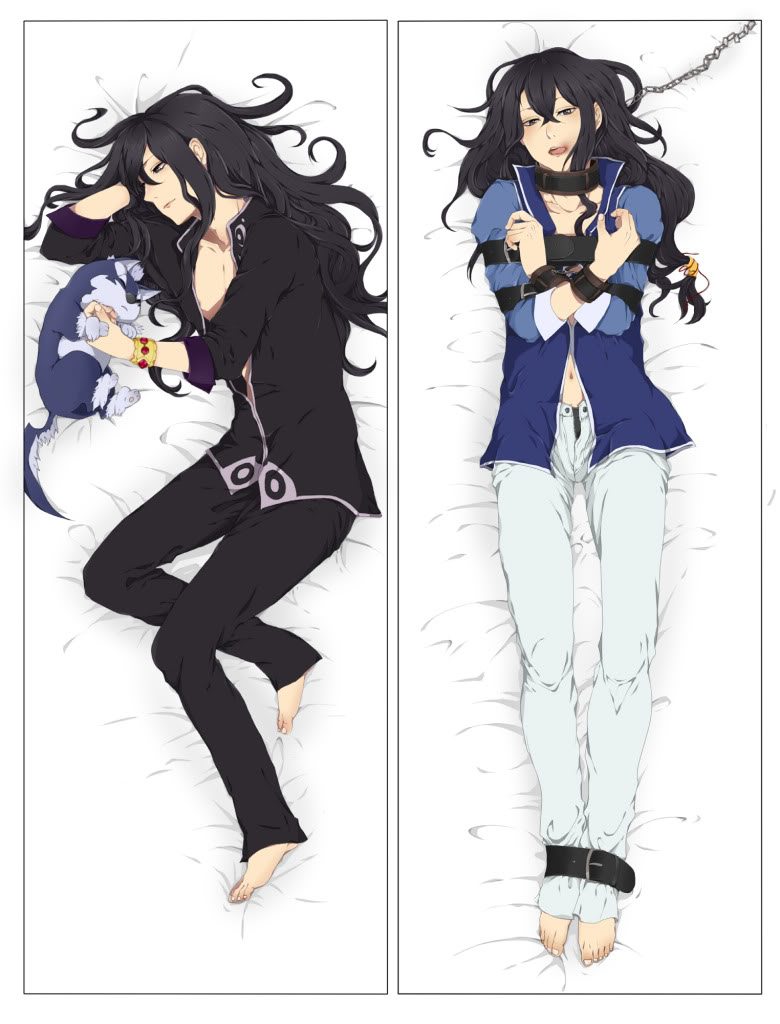 androgynous artist_request black_hair bondage chains collar dakimakura long_hair lying male navel open_mouth open_shirt repede solo source_request strap tales_of_vesperia yuri_lowell