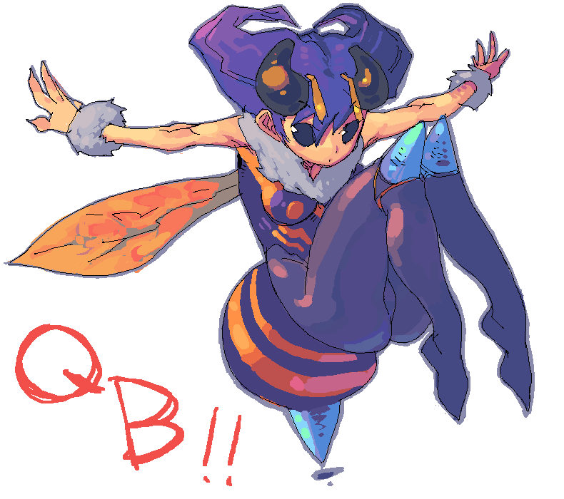 antenna bad_id bare_shoulders bee_girl black_eyes bodysuit capcom insect_girl metata monster_girl pantyhose purple_hair purple_pantyhose q-bee short_hair solo stinger vampire_(game) wings