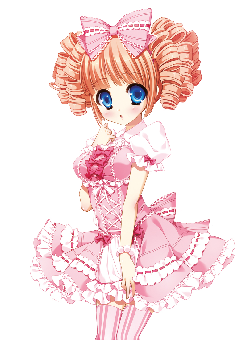 blush bow drill_hair frills lolita_fashion momoi_komomo oppai_loli orange_hair original pink_legwear solo striped sweet_lolita thigh-highs thighhighs vertical-striped_legwear vertical_stripes