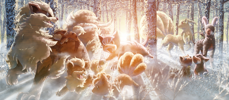 forest growlithe houndoom houndour ibui_matsumoto lens_flare lowres nature ninetales no_humans pokemon pokemon_(creature) pokemon_(game) pokemon_gsc pokemon_rgby snow sunlight sunrise vulpix