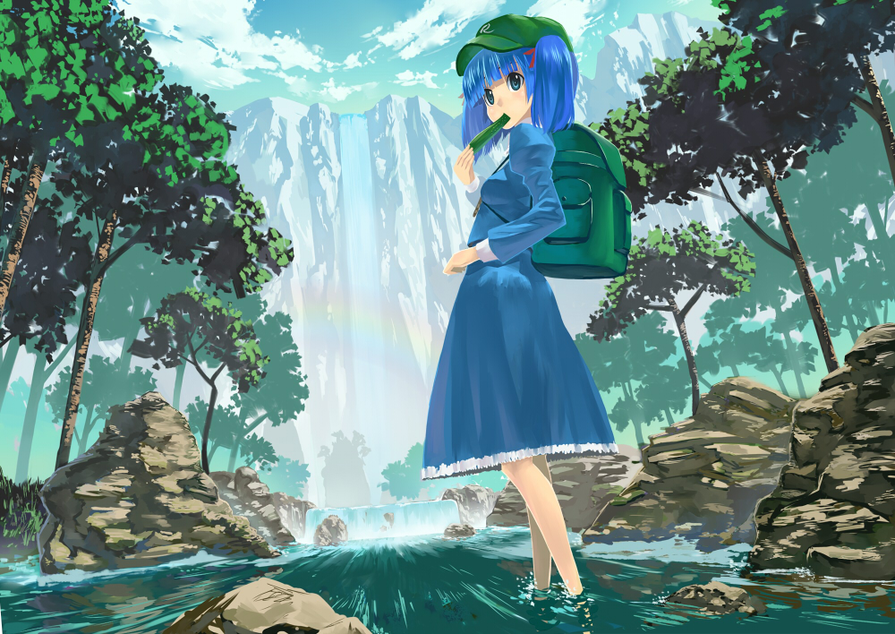 backpack bag bangs blue_eyes blue_hair blunt_bangs cucumber eating forest hair_ribbon hat kawashiro_nitori mouth_hold nature rainbow ribbon river rock solo standing touhou tree twintails wading water waterfall yaten