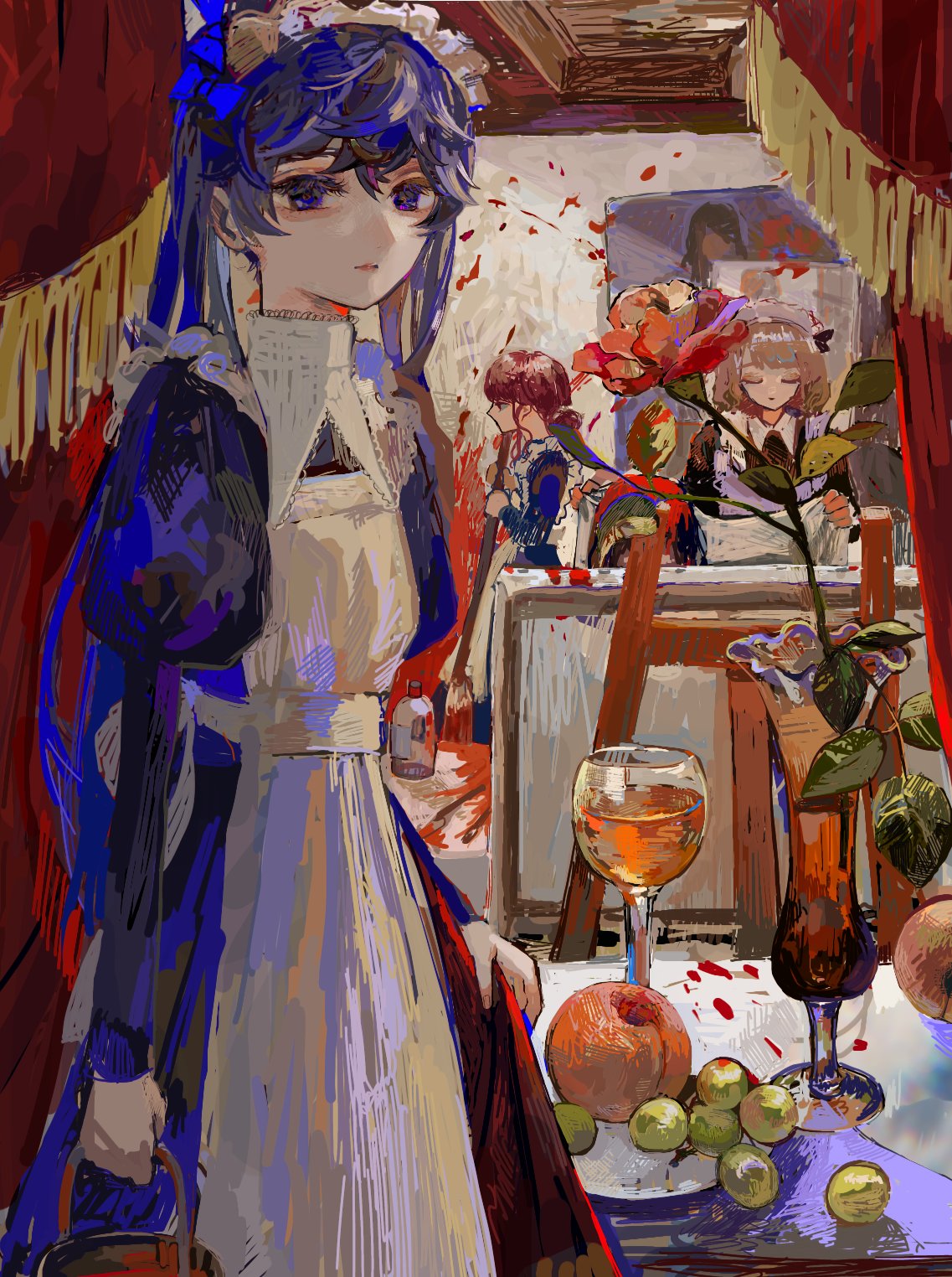 3girls apple apron art_room black_dress blue_bow blue_eyes blue_hair bow broom brown_hair canvas_(object) closed_eyes closed_mouth commentary_request cup dress drinking_glass flower food fruit grapes hair_bow highres holding holding_broom indoors juliet_sleeves long_hair long_sleeves looking_at_viewer maid maid_apron maid_headdress multiple_girls original paint_splatter painting_(object) puffy_sleeves red_flower uokawa vase white_apron wine_glass