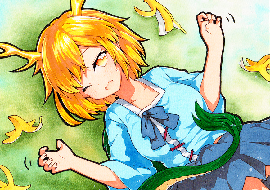 1girl antlers banana_peel blonde_hair blue_neckwear blue_shirt blue_skirt breasts collarbone commentary_request dragon_girl dragon_horns dragon_tail eyebrows_visible_through_hair fang horns kicchou_yachie looking_at_viewer lying medium_breasts on_back on_ground one_eye_closed qqqrinkappp shirt short_hair skin_fang skirt solo sweatdrop tail touhou traditional_media turtle_shell upper_body yellow_eyes