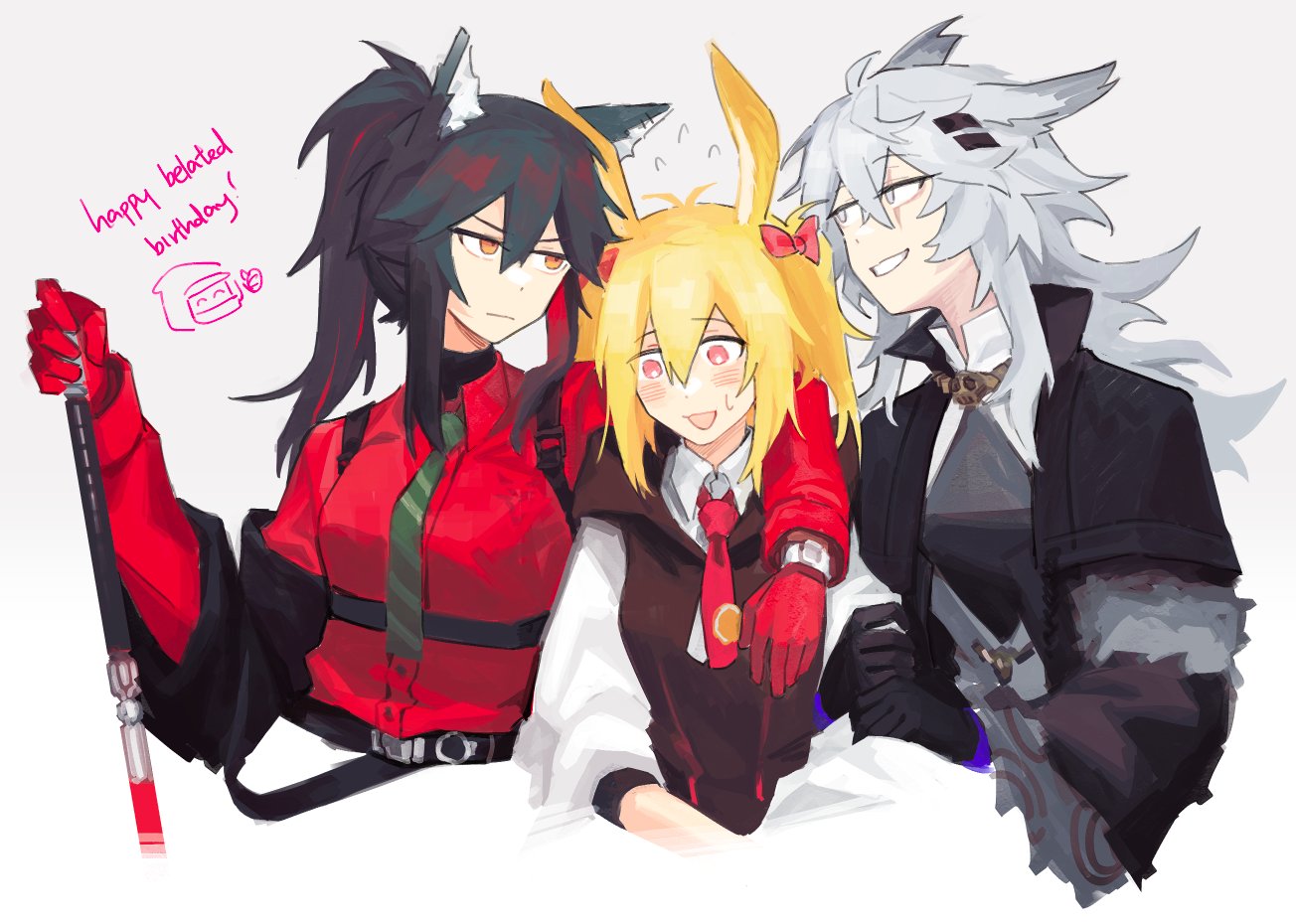3girls animal_ears arknights arm_around_shoulder black_gloves black_hair black_jacket black_vest blonde_hair blush bow closed_mouth collared_shirt colored_inner_hair commentary commission cropped_torso english_commentary english_text eyebrows_visible_through_hair flying_sweatdrops frown glaring gloves green_neckwear grey_background grin hair_bow hair_ornament hairclip hand_on_another's_arm happy_birthday holding holding_sword holding_weapon jacket lappland_(arknights) lappland_(refined_horrormare)_(arknights) long_hair looking_at_another multicolored_hair multiple_girls necktie off_shoulder official_alternate_costume open_mouth orange_eyes ponytail rabbit_ears red_bow red_eyes red_gloves red_neckwear red_shirt redhead scar scar_across_eye second-party_source shirt silver_hair simple_background smile sora_(arknights) striped striped_neckwear sweat sword texas_(arknights) texas_(willpower)_(arknights) twintails upper_body vento vest watch watch weapon white_shirt wolf_ears