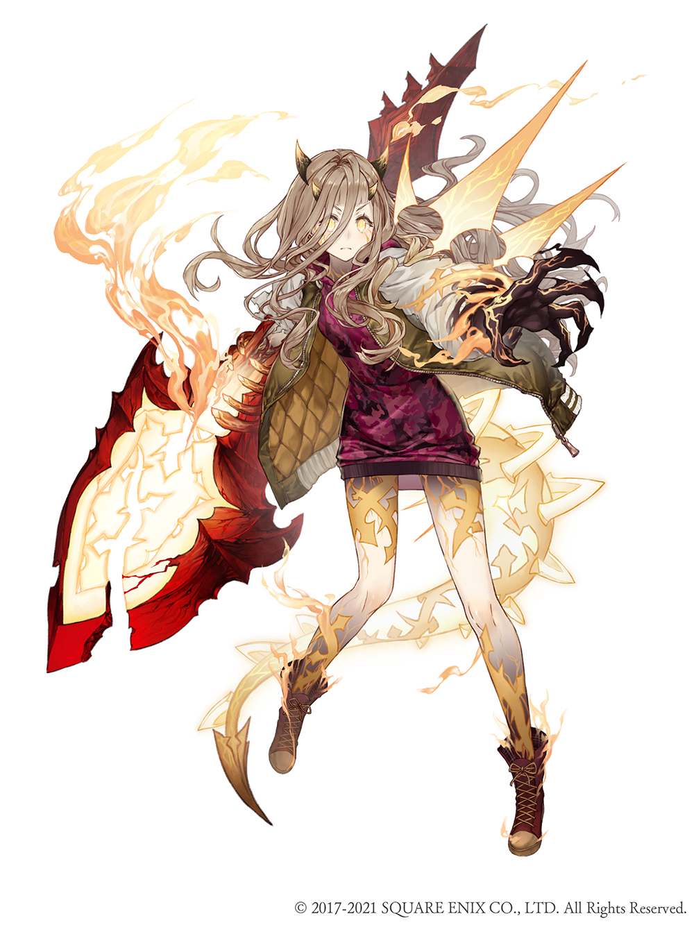 1girl asymmetrical_arms black_skin blonde_hair claws colored_skin corruption cross-laced_footwear frown full_body glowing glowing_eyes glowing_tattoo glowing_veins hair_over_one_eye highres horns jacket ji_no long_hair looking_at_viewer messy_hair multicolored multicolored_skin official_art red_riding_hood_(sinoalice) shovel sinoalice solo square_enix tail torn_clothes white_background yellow_eyes