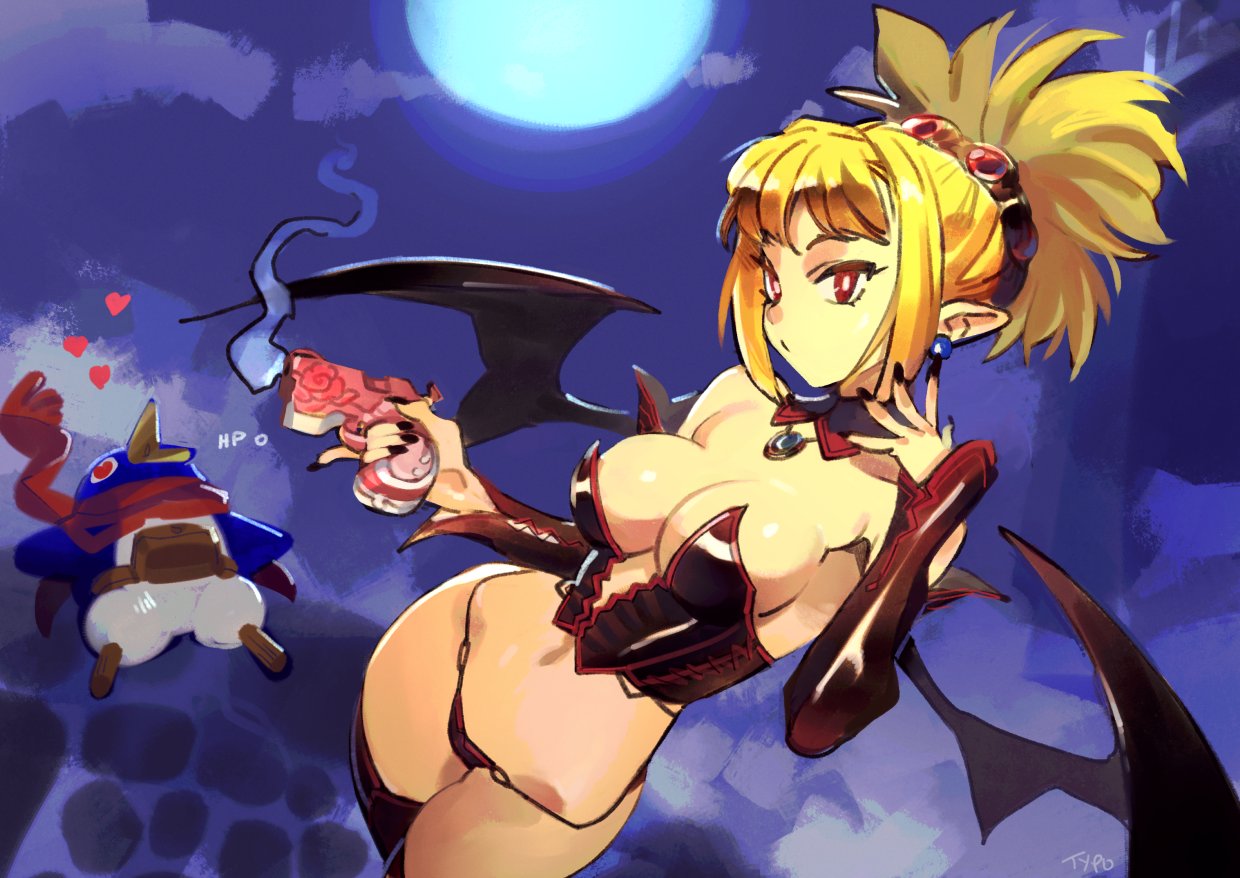 1girl bat_wings black_nails blonde_hair breasts bright_pupils commentary detached_collar detached_sleeves disgaea earrings english_commentary gun handgun heart holding holding_gun holding_weapon jewelry large_breasts makai_senki_disgaea_2 optionaltypo pointy_ears prinny red_eyes red_scarf rozalin scarf solo_focus weapon wings