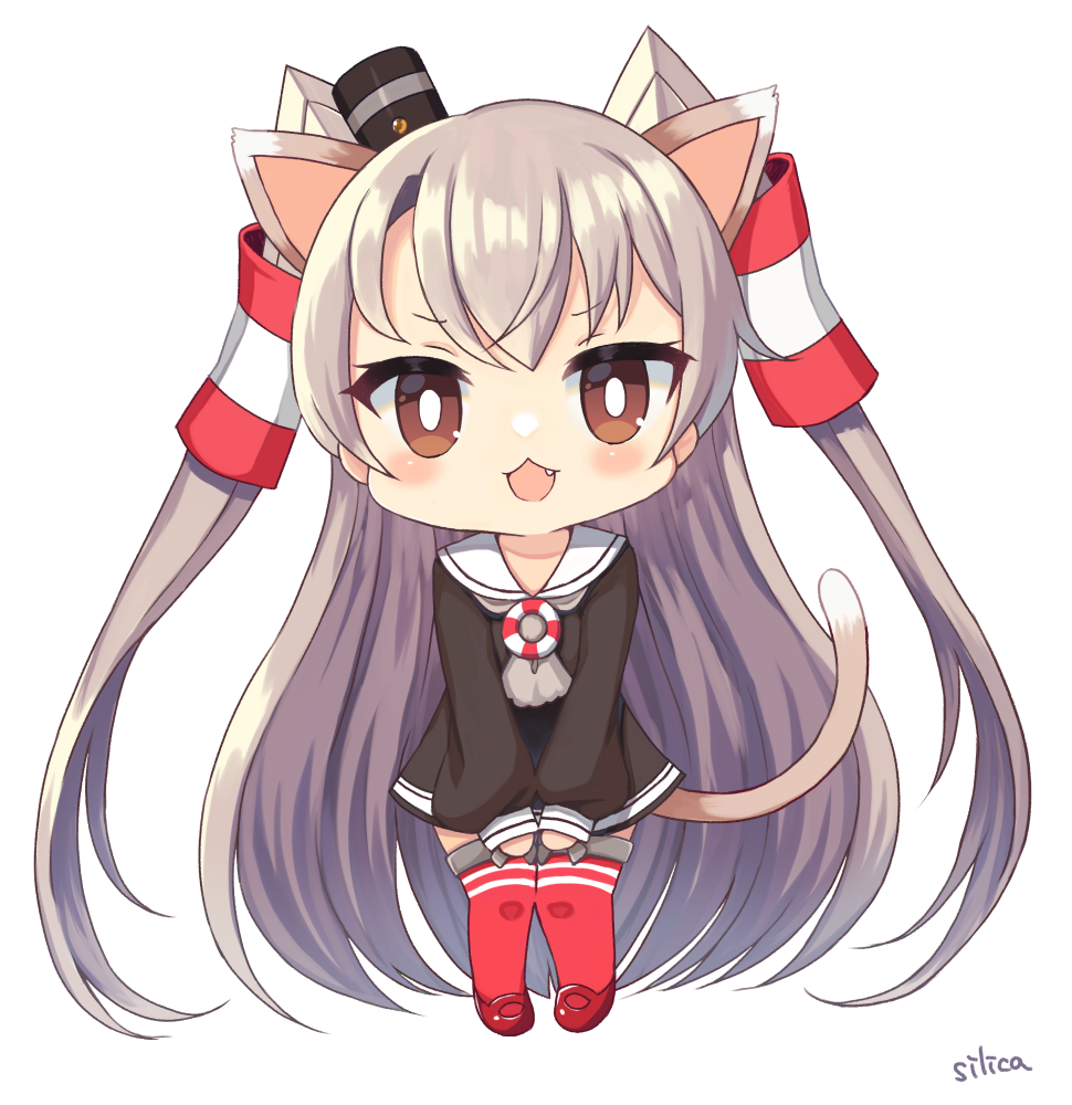 1girl :3 amatsukaze_(kancolle) animal_ears bangs black_dress blush brown_eyes cat_ears cat_girl cat_tail chibi dress eyebrows_visible_through_hair fang grey_neckwear hair_tubes kantai_collection long_hair long_sleeves open_mouth red_legwear sailor_dress signature silica_(silica_silylate) silver_hair simple_background solo tail thigh-highs two_side_up very_long_hair white_background