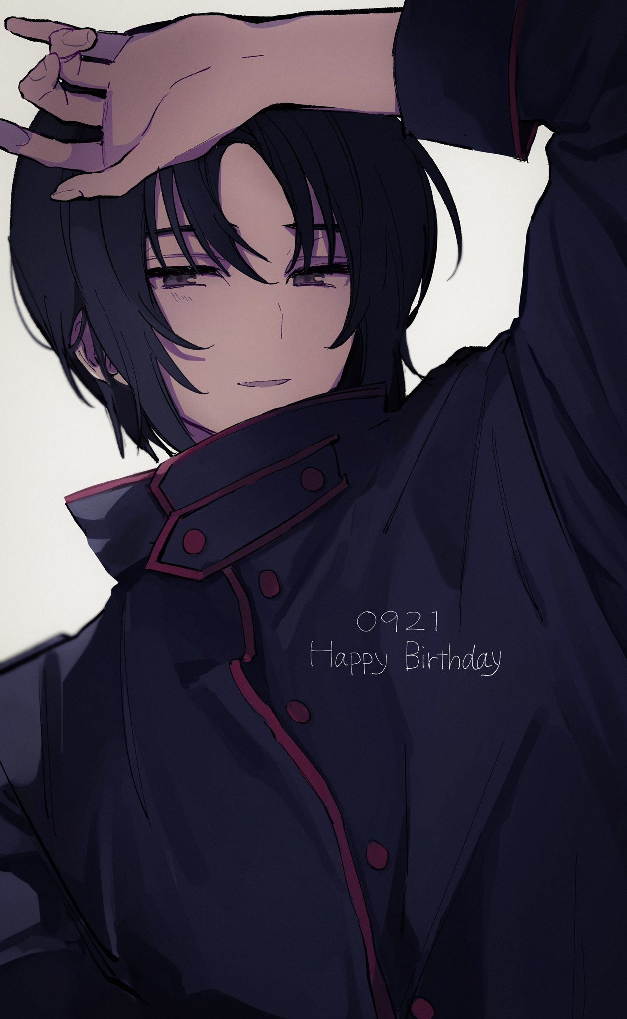 1boy black_eyes black_hair black_jacket dated grey_background half-closed_eyes hand_on_own_head happy_birthday highres jacket kisharin looking_at_viewer makabe_kazuki male_focus open_hand portrait smile solo soukyuu_no_fafner