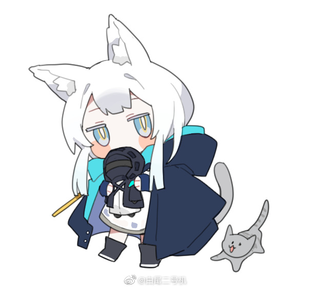 1girl animal animal_ear_fluff animal_ears arknights baiwei_er_hao_ji black_footwear blue_eyes blue_jacket blush_stickers boots cat cat_ears cat_girl cat_tail character_doll chibi doctor doll dress full_body holding holding_doll jacket jacket_on_shoulders long_hair looking_at_viewer rosmontis_(arknights) sidelocks solo standing tail weibo_username white_dress white_hair