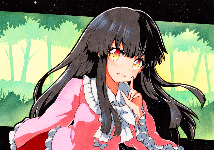 1girl bangs black_hair blunt_bangs bow bowtie breasts collared_shirt eyebrows_visible_through_hair frilled_sleeves frills green_background hime_cut houraisan_kaguya index_finger_raised japanese_clothes long_hair long_sleeves open_mouth orange_eyes pink_shirt qqqrinkappp red_skirt shirt skirt sleeves_past_wrists small_breasts solo touhou traditional_media upper_body very_long_hair white_neckwear wide_sleeves