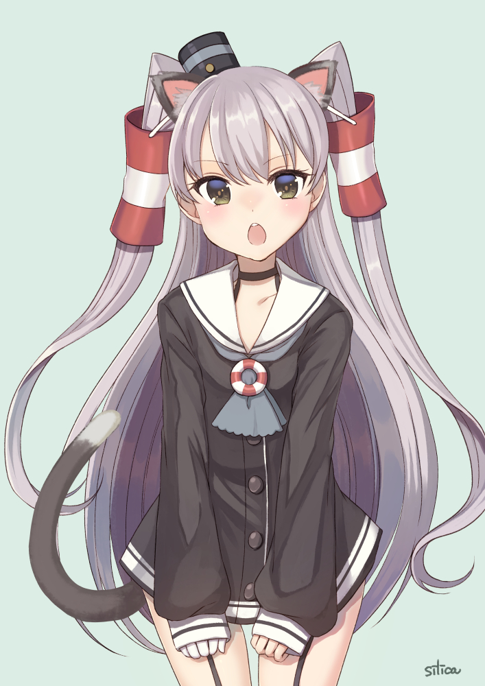 1girl amatsukaze_(kancolle) animal_ears bangs black_dress blush cat_ears cat_girl cat_tail dress eyebrows_visible_through_hair garter_straps green_background hair_tubes kantai_collection long_hair long_sleeves looking_at_viewer open_mouth sailor_collar sailor_dress signature silica_(silica_silylate) silver_hair simple_background solo tail two_side_up upper_body white_sailor_collar