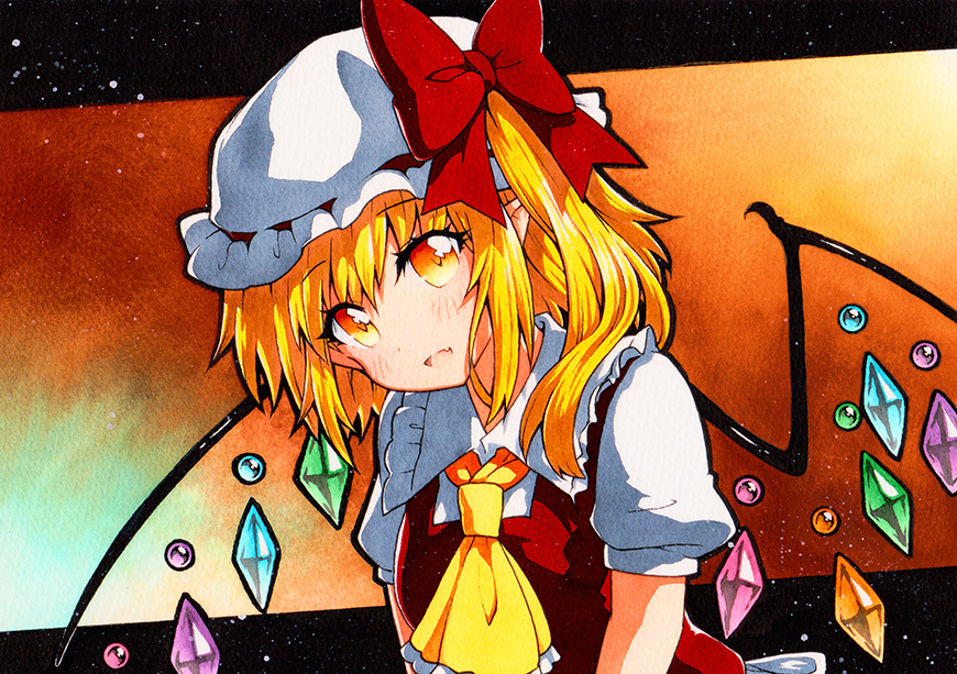 1girl ascot blonde_hair blush crystal eyebrows_visible_through_hair fang flandre_scarlet hair_between_eyes hat hat_ribbon mob_cap open_mouth orange_background pointy_ears puffy_short_sleeves puffy_sleeves qqqrinkappp red_vest ribbon short_hair short_sleeves skin_fang smile solo touhou traditional_media upper_body vest wings yellow_eyes yellow_neckwear