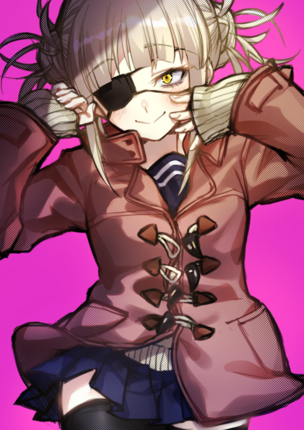 1girl :&gt; arms_up bags_under_eyes bangs black_legwear blonde_hair blue_sailor_collar blue_skirt blunt_bangs boku_no_hero_academia cardigan closed_mouth coat double_bun eyebrows_visible_through_hair eyepatch hair_up highres looking_at_viewer messy_hair narrowed_eyes pink_background pleated_skirt poppu sailor_collar sidelocks simple_background skirt smile solo thigh-highs toga_himiko winter_clothes winter_coat yellow_cardigan yellow_eyes