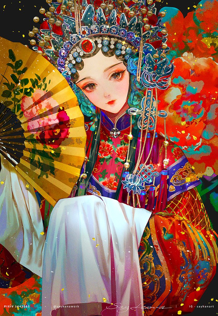 1girl brown_hair chain china_dress chinese_clothes dress floral_print flower gem glint hair_ornament hand_fan holding holding_fan knot long_sleeves looking_at_viewer original peking_opera peony_(flower) red_lips say_hana solo sparkle tassel wide_sleeves